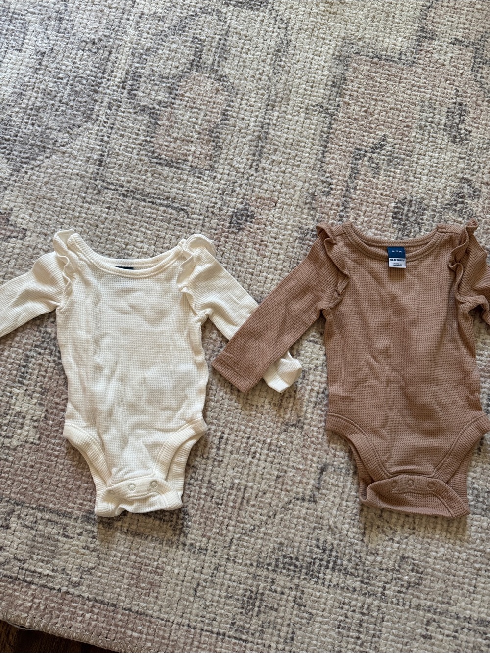 Old Navy Long-Sleeve Ruffle Waffle One-Piece Bodysuits - Cream and Brown